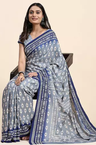 Blue printed crepe casual saree with blouse piece