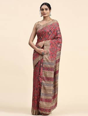 Pink printed crepe casual saree with blouse piece 1
