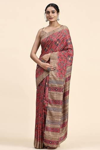 Pink printed crepe casual saree with blouse piece