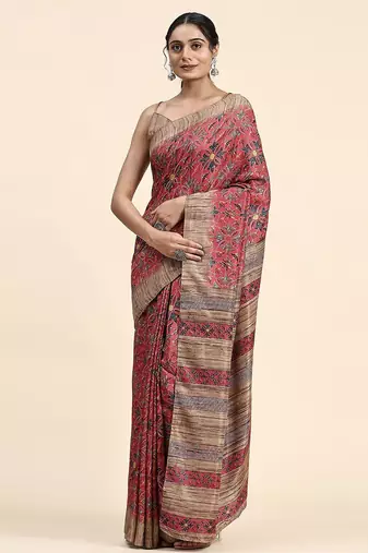 Pink printed crepe casual saree with blouse piece