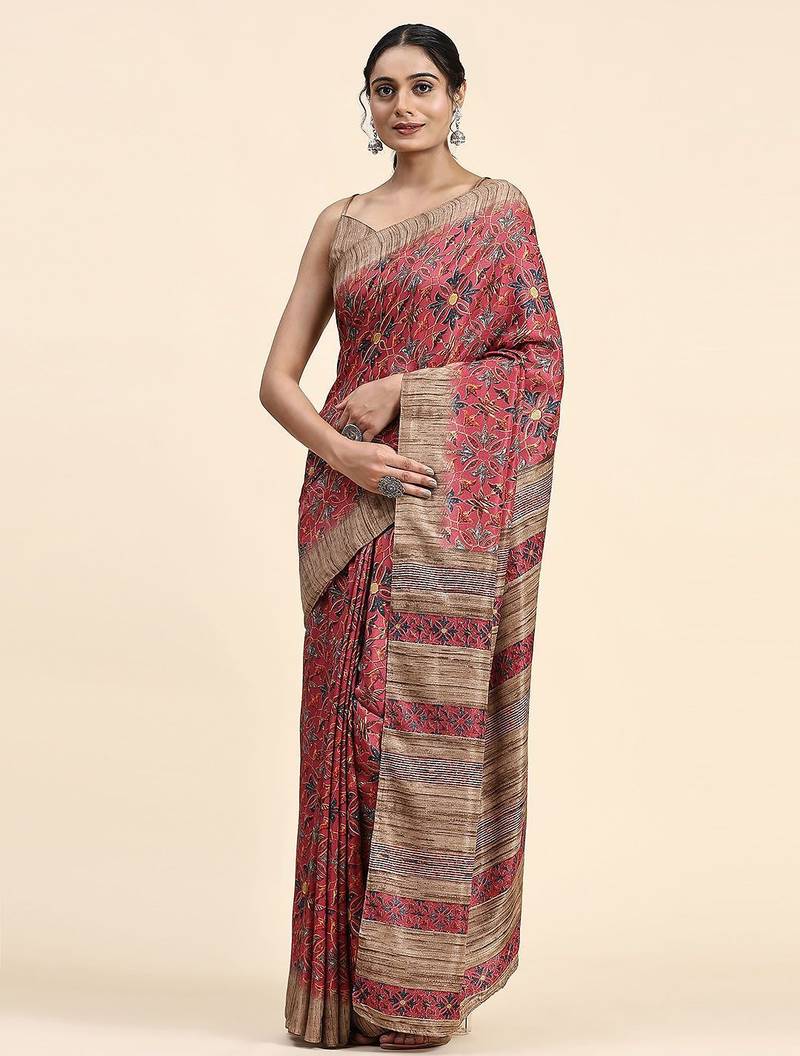 Pink printed crepe casual saree with blouse piece