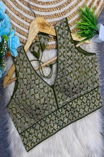 Olive green heavy embroidered silk bridal blouse | designer wedding party wear readymade saree blouse for women