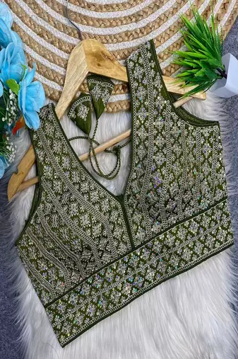 Olive green heavy embroidered silk bridal blouse | designer wedding party wear readymade saree blouse for women