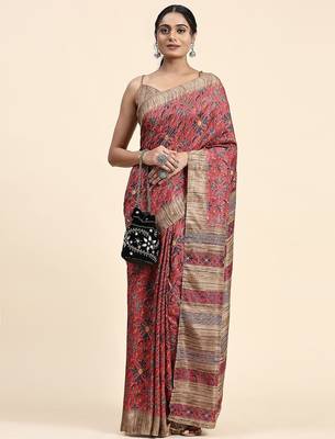 Pink printed crepe casual saree with blouse piece 3