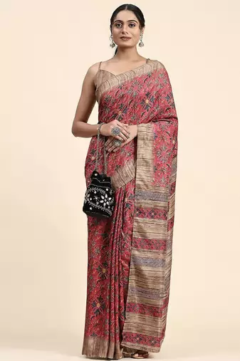 Pink printed crepe casual saree with blouse piece