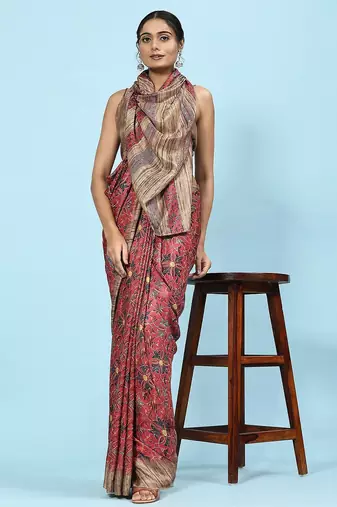 Pink printed crepe casual saree with blouse piece