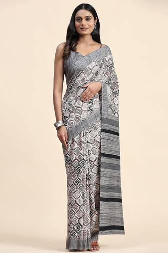 Grey printed crepe casual saree with blouse piece
