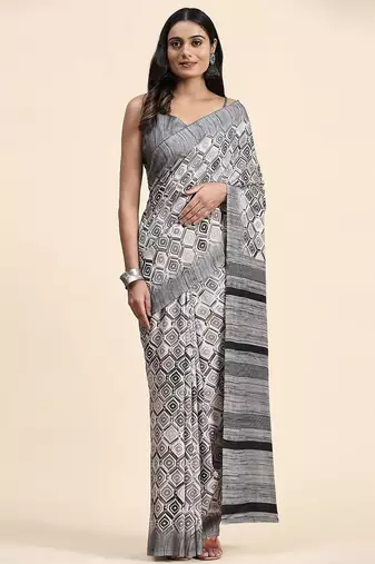 Grey printed crepe casual saree with blouse piece