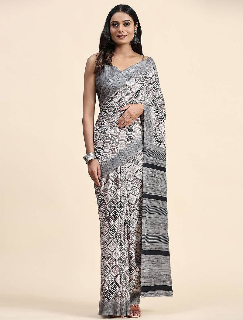 Grey printed crepe casual saree with blouse piece