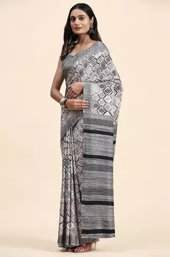 Grey printed crepe casual saree with blouse piece