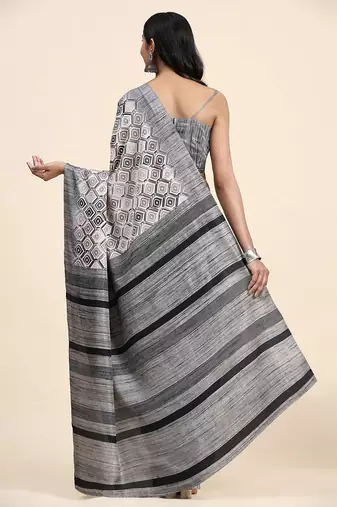 Grey printed crepe casual saree with blouse piece