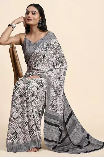 Grey printed crepe casual saree with blouse piece