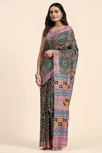 Pink printed crepe casual saree with blouse piece