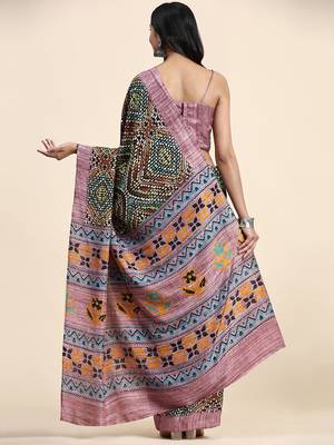 Pink printed crepe casual saree with blouse piece 2