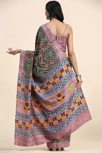 Pink printed crepe casual saree with blouse piece