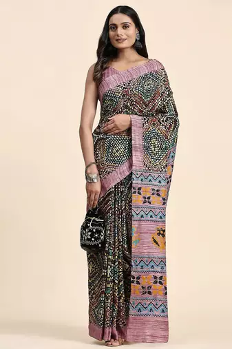 Pink printed crepe casual saree with blouse piece