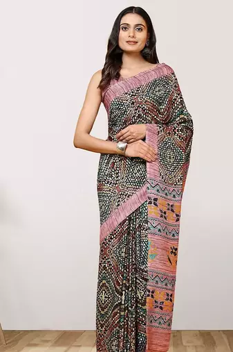 Pink printed crepe casual saree with blouse piece
