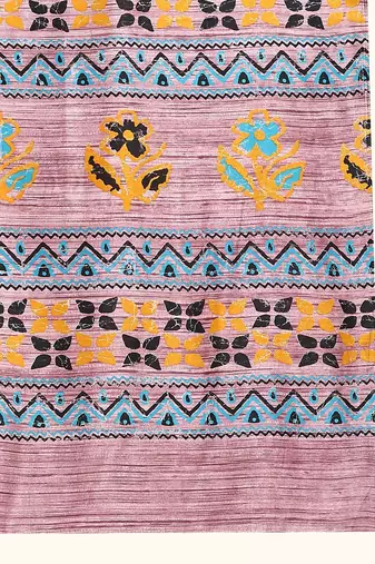 Pink printed crepe casual saree with blouse piece