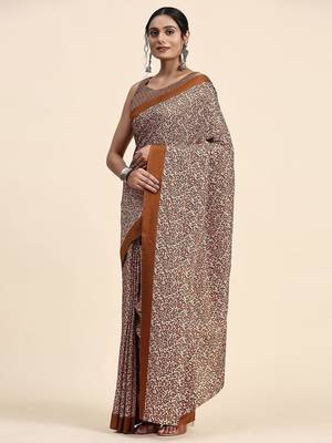 Brown printed crepe casual saree with blouse piece 1