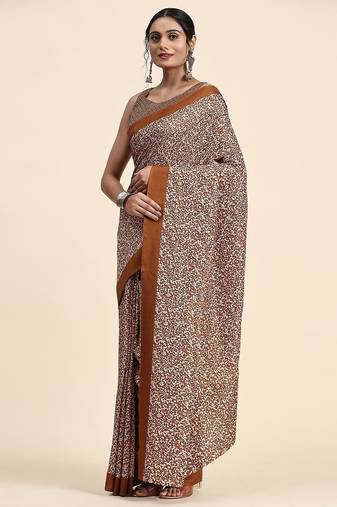 Brown printed crepe casual saree with blouse piece