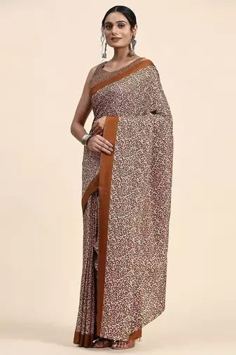 Brown printed crepe casual saree with blouse piece
