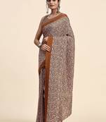 Brown printed crepe casual saree with blouse piece