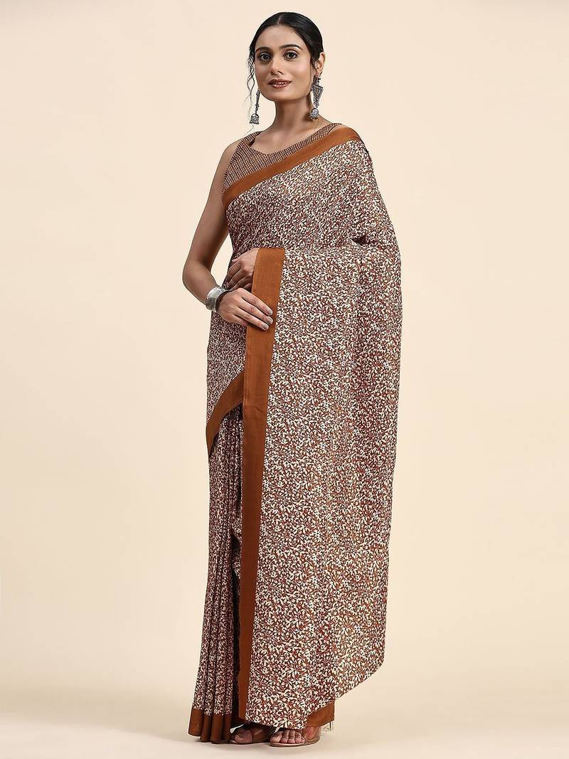 Brown printed crepe casual saree with blouse piece