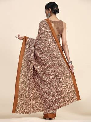 Brown printed crepe casual saree with blouse piece 2