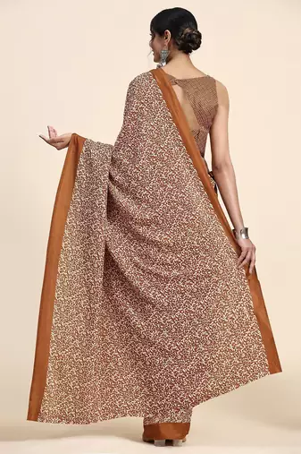 Brown printed crepe casual saree with blouse piece