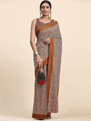 Brown printed crepe casual saree with blouse piece 3