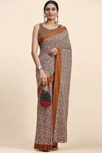 Brown printed crepe casual saree with blouse piece