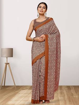 Brown printed crepe casual saree with blouse piece 4
