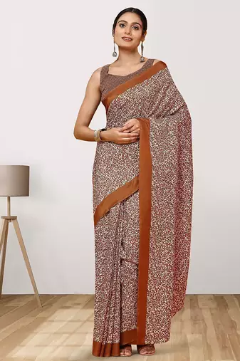 Brown printed crepe casual saree with blouse piece