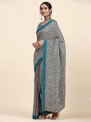 Green printed crepe casual saree with blouse piece 1
