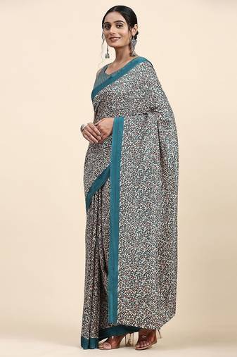Green printed crepe casual saree with blouse piece