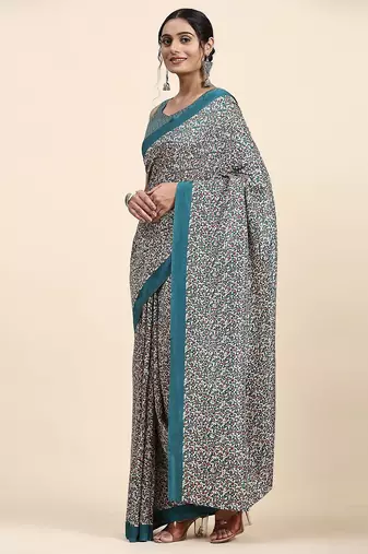 Green printed crepe casual saree with blouse piece