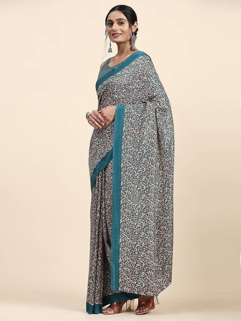 Green printed crepe casual saree with blouse piece