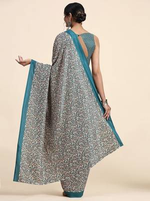 Green printed crepe casual saree with blouse piece 2