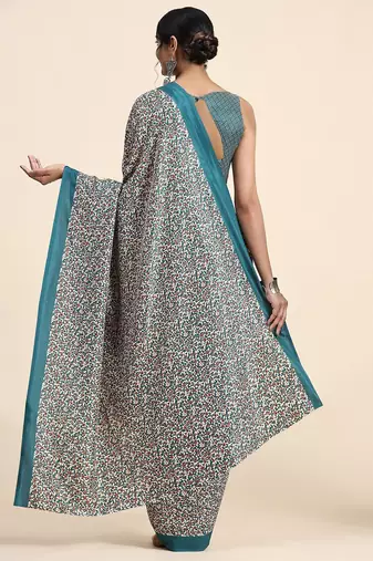 Green printed crepe casual saree with blouse piece
