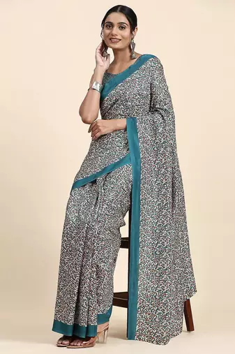 Green printed crepe casual saree with blouse piece