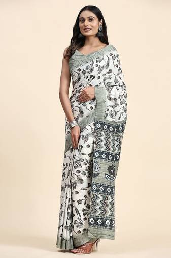 Green printed crepe casual saree with blouse piece