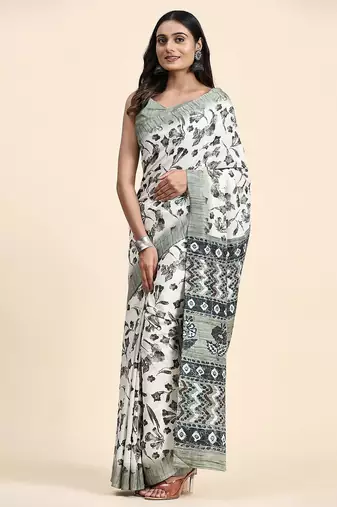 Green printed crepe casual saree with blouse piece