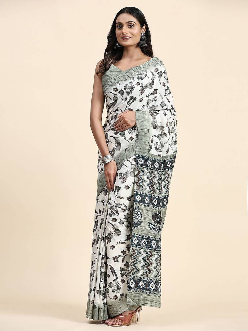 Green printed crepe casual saree with blouse piece