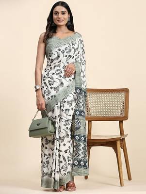 Green printed crepe casual saree with blouse piece 3