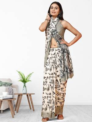 Green printed crepe casual saree with blouse piece 4