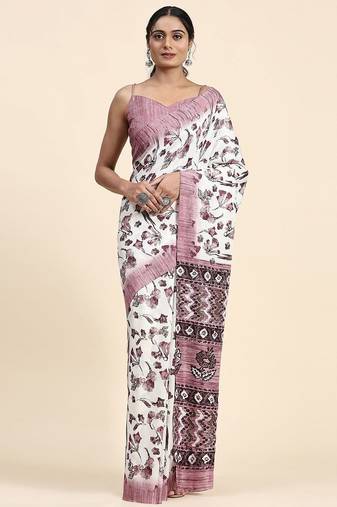 White printed crepe casual saree with blouse piece