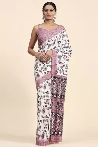 White printed crepe casual saree with blouse piece