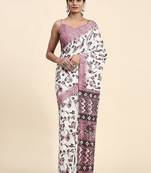 White printed crepe casual saree with blouse piece