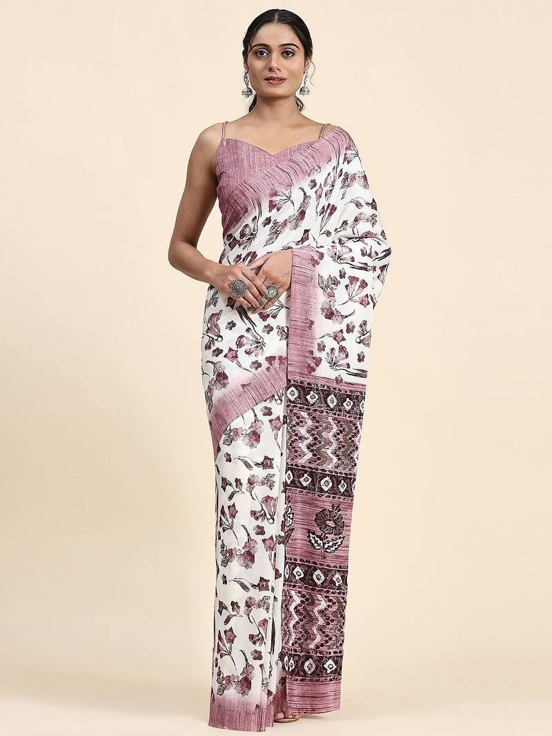 White printed crepe casual saree with blouse piece