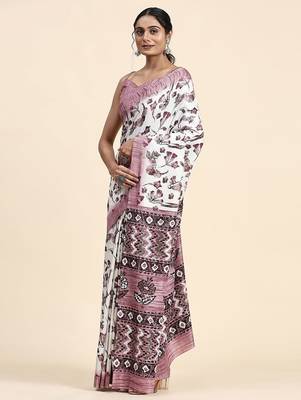 White printed crepe casual saree with blouse piece 2